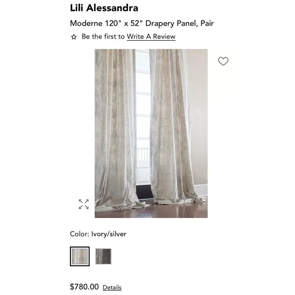 Lili Alessandra Moderne Velvet Set Of 2 Curtain Panels 52x120 Ivory Silver NWOT